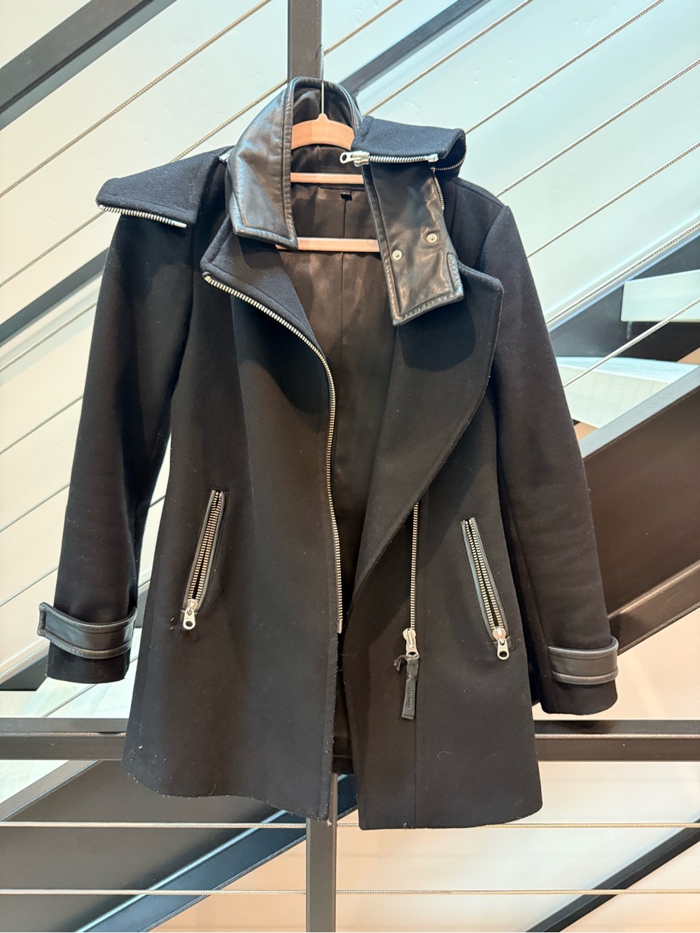 Mackage Black Pea Coat with Leather Trim XXS